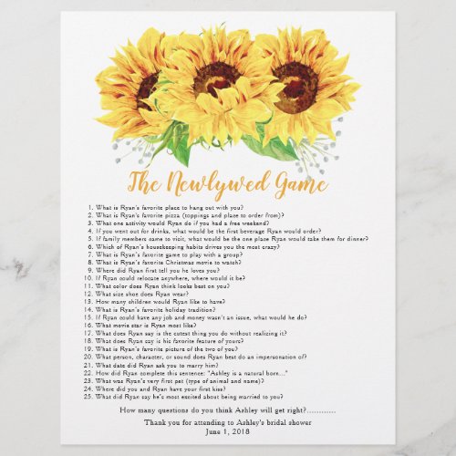 Yellow Sunflower Bridal Shower Games Flyer