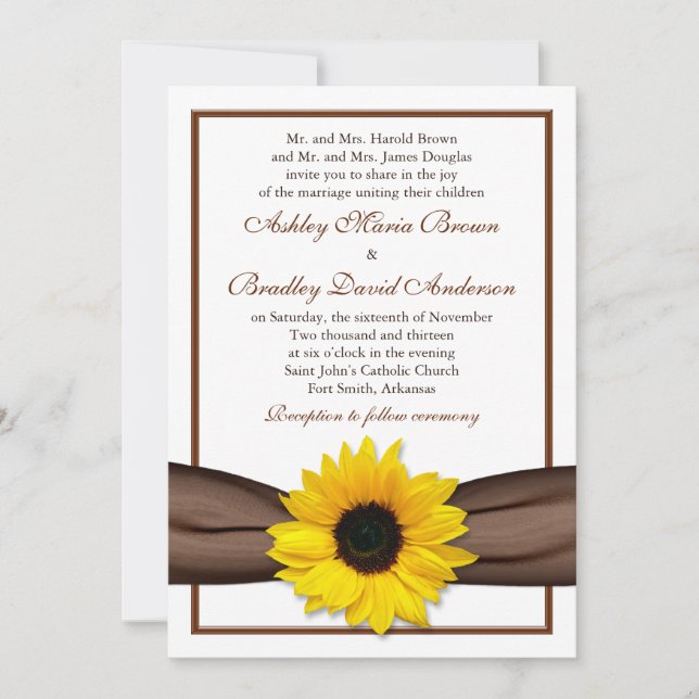 Yellow Sunflower Brown Ribbon Wedding Invitation (Front)