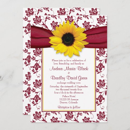 Yellow Sunflower Burgundy Damask Wedding Invitation