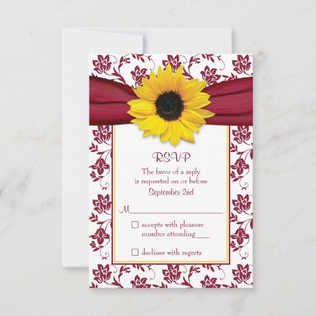 Yellow Sunflower Burgundy Damask Wedding RSVP Card (Front)