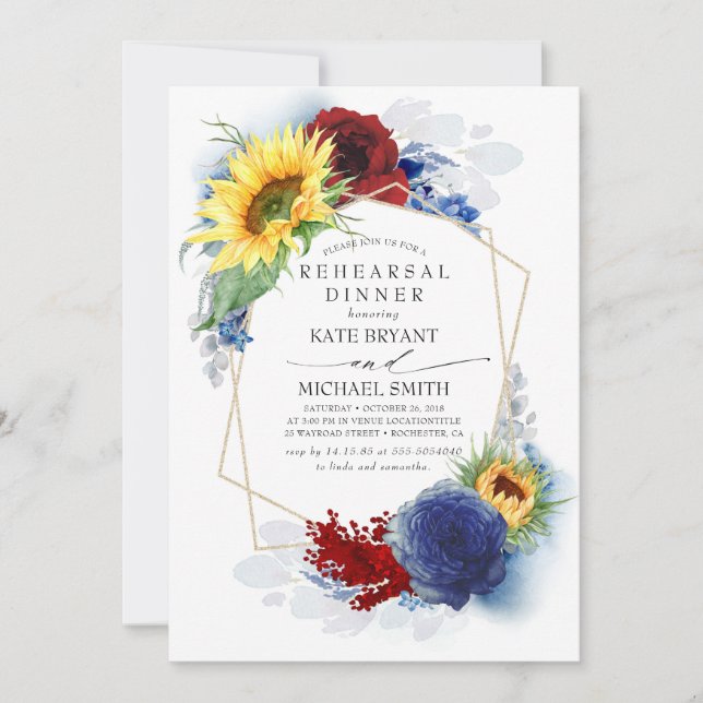 Yellow Sunflower Burgundy Navy Rehearsal Dinner Invitation (Front)