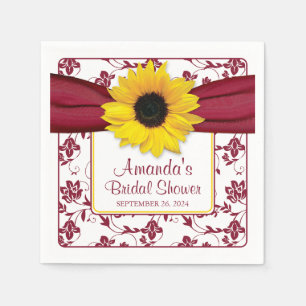 Yellow Sunflower Burgundy Personalized Wedding Napkins