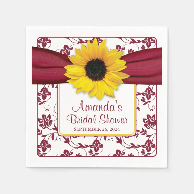 Yellow Sunflower Burgundy Personalized Wedding Napkins (Front)