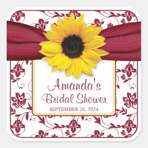 Yellow Sunflower Burgundy Personalized Wedding Square Sticker