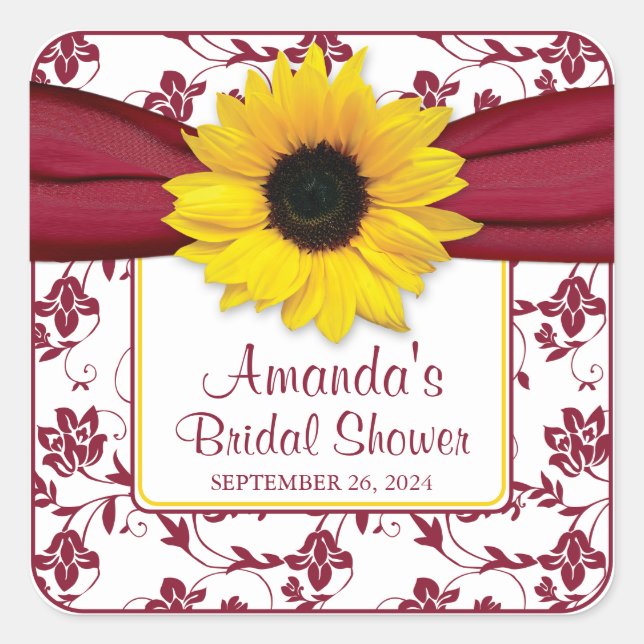 Yellow Sunflower Burgundy Personalized Wedding Square Sticker (Front)