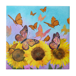 Yellow Sunflower Butterfly Garden Decorative Ceramic Tile