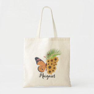 Yellow sunflower Butterfly Personalized Name Tote Bag