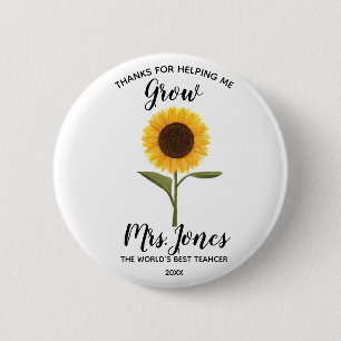 Yellow Sunflower Button, Helping Me Grow Teacher  Button