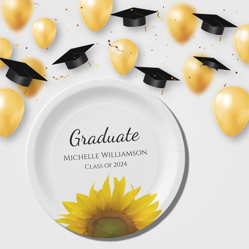 Yellow Sunflower Class of 2024 Graduation Party  Paper Plates