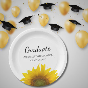 Yellow Sunflower Class of 2026 Graduation Party Paper Plates