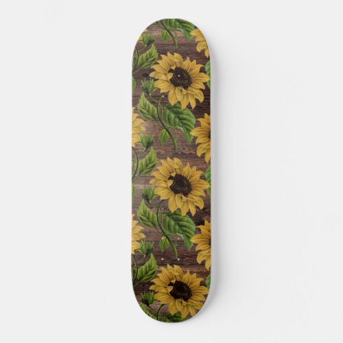 Yellow Sunflower Country Style Brown Wooden Rustic Skateboard