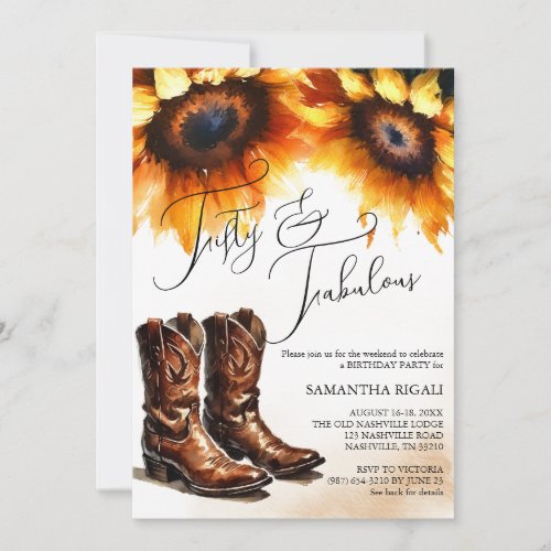 Yellow Sunflower Cowboy Boots 50th Birthday Invitation