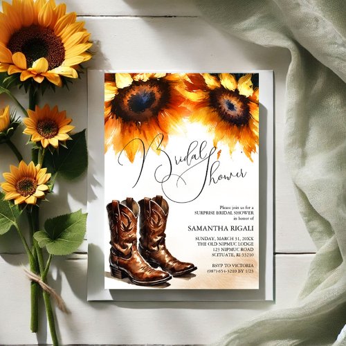 Yellow Sunflower Cowboy Boots Bridal Shower Invitation