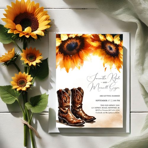 Yellow Sunflower Cowboy Boots Wedding Invitation