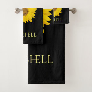 Yellow Sunflower Custom Name Black Bath Towel Set