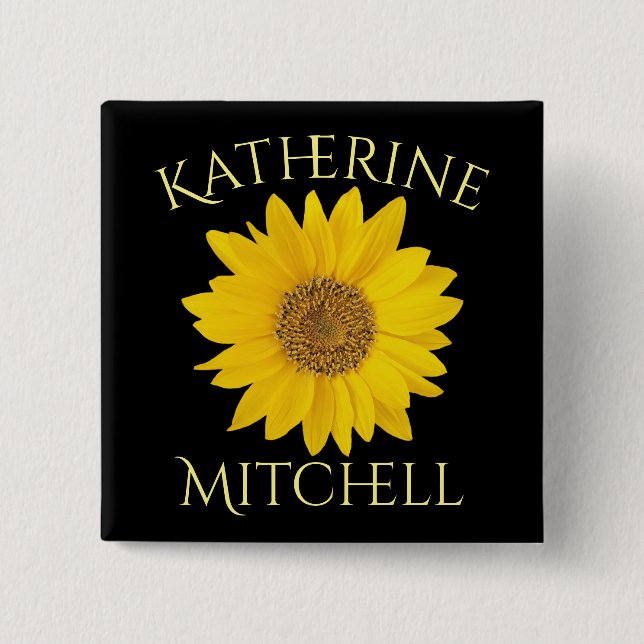 Yellow Sunflower Custom Name Black Button (Front)