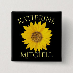 Yellow Sunflower Custom Name Black Button