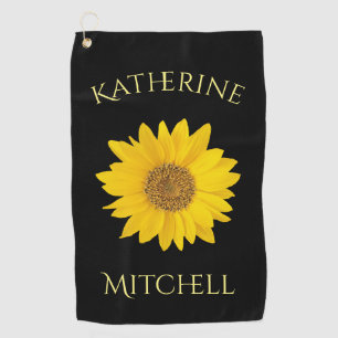 Yellow Sunflower Custom Name Black Golf Towel