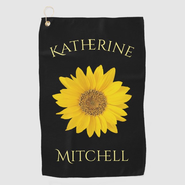 Yellow Sunflower Custom Name Black Golf Towel (Front)