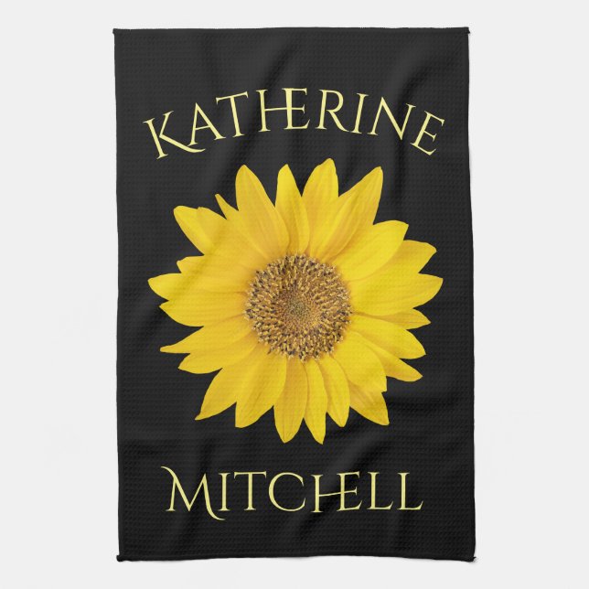 Yellow Sunflower Custom Name Black Kitchen Towel (Vertical)