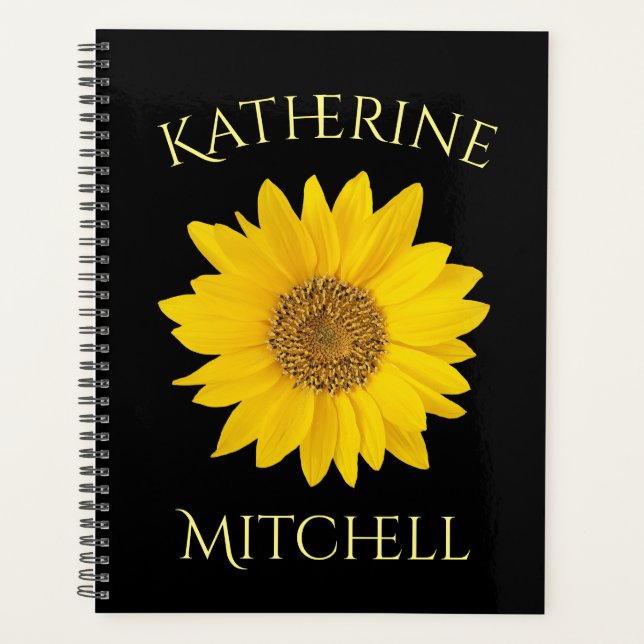 Yellow Sunflower Custom Name Black Planner (Front)