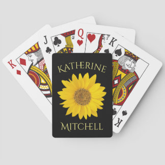 Yellow Sunflower Custom Name Black Poker Cards