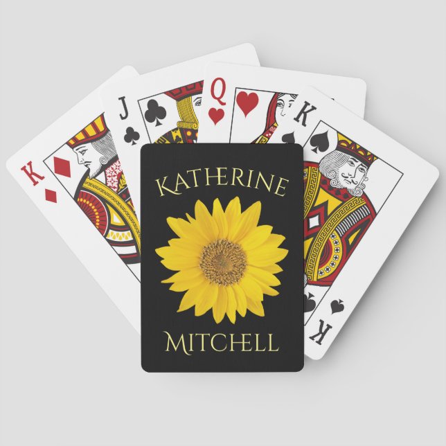 Yellow Sunflower Custom Name Black Poker Cards (Back)