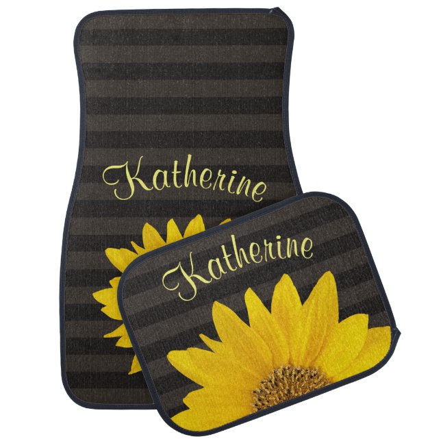 Yellow Sunflower Custom Name Floral Car Floor Mat (Set)