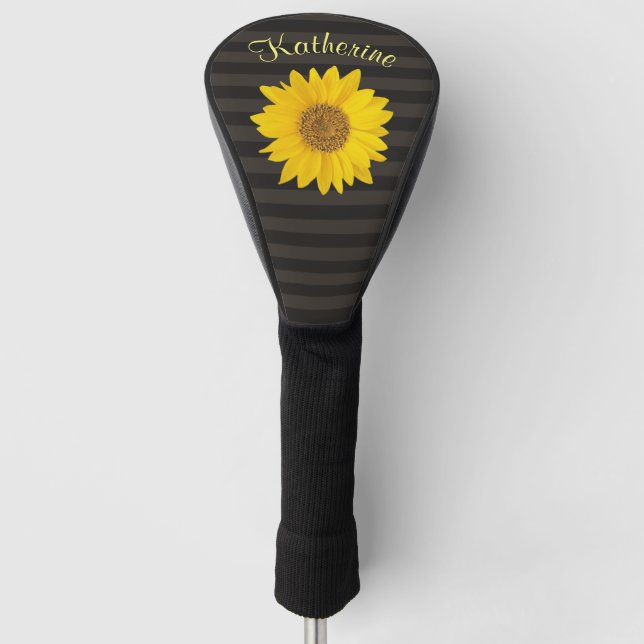 Yellow Sunflower Custom Name Striped Golf Head Cover (Front)