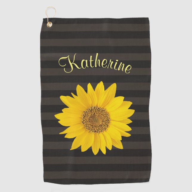 Yellow Sunflower Custom Name Striped Golf Towel (Front)
