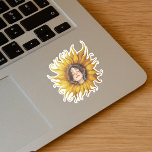 Yellow Sunflower Cute Girls Face in Center Sticker