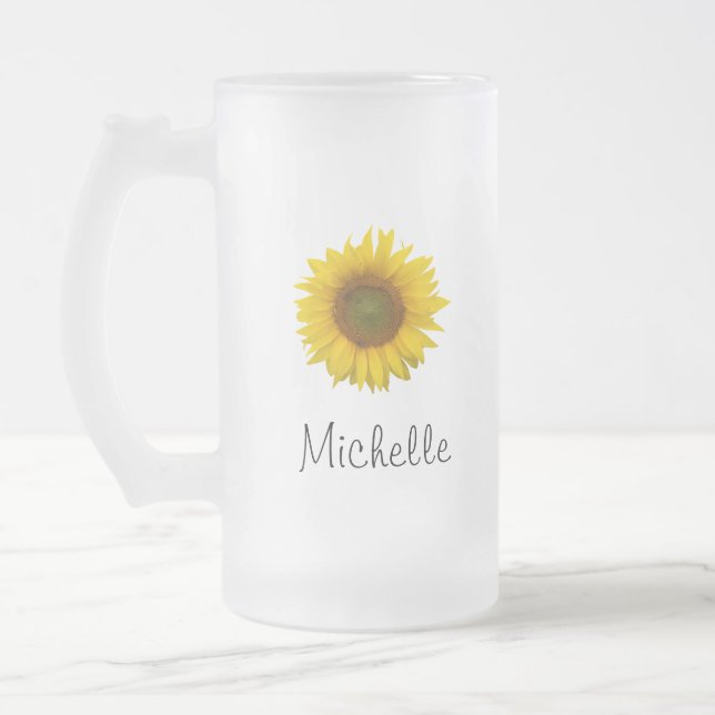 Yellow Sunflower Cute Typography  Frosted Glass Beer Mug (Left)