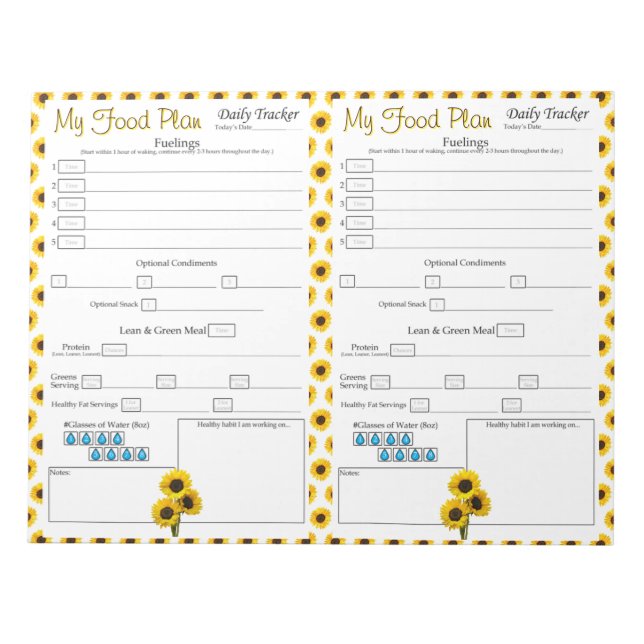 Yellow Sunflower Daily 6 Meal Food Journal Notepad (Front)