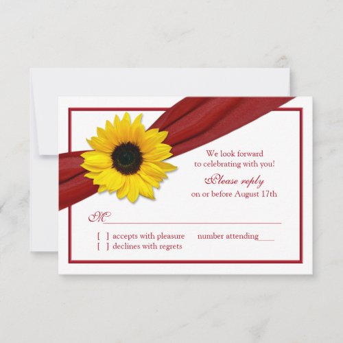 Yellow Sunflower Deep Red Ribbon Wedding RSVP