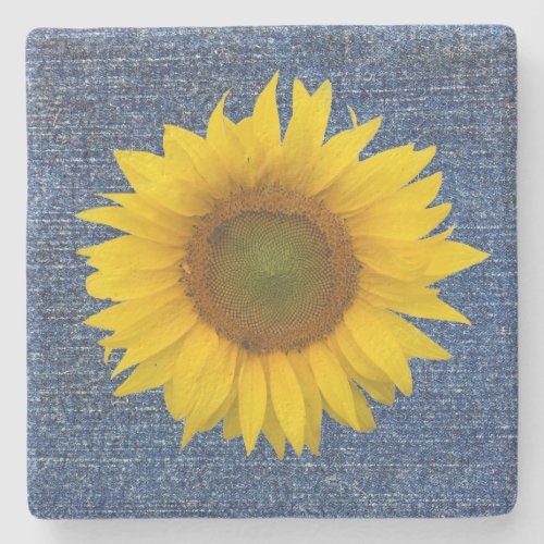 Yellow Sunflower Denim Blue Jean Look Stone Coaster