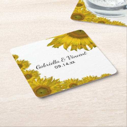 Yellow Sunflower Edge Wedding Square Paper Coaster