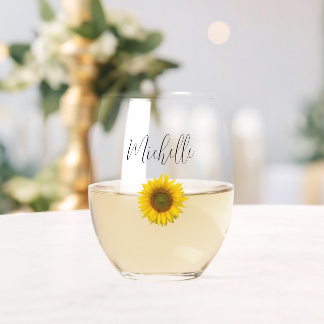 Yellow Sunflower Elegant Floral Botanical Stemless Wine Glass (Insitu (Wedding))