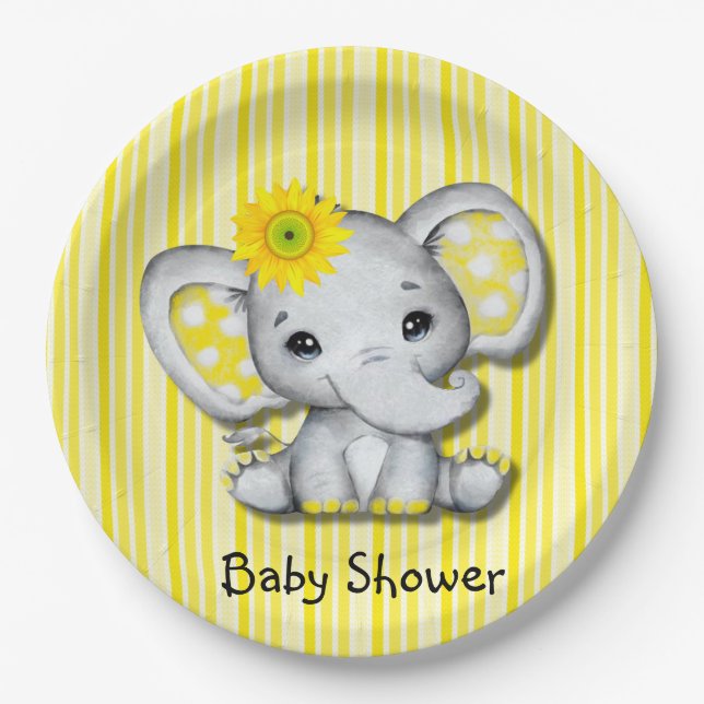 Yellow Sunflower Elephant Baby Shower Paper Plates (Front)