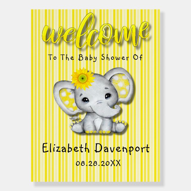 Yellow Sunflower Elephant Baby Shower Welcome Sign (Front)