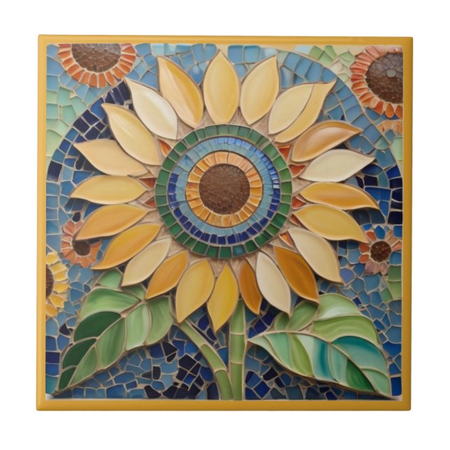 Yellow Sunflower Faux Mosaic Blue Green Ceramic Tile (Front)