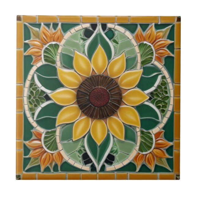 Yellow Sunflower Faux Mosaic Dark Green Ceramic Tile (Front)