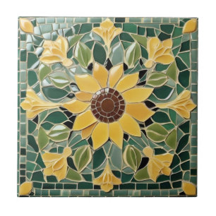 Yellow Sunflower Faux Mosaic on Green Ceramic Tile