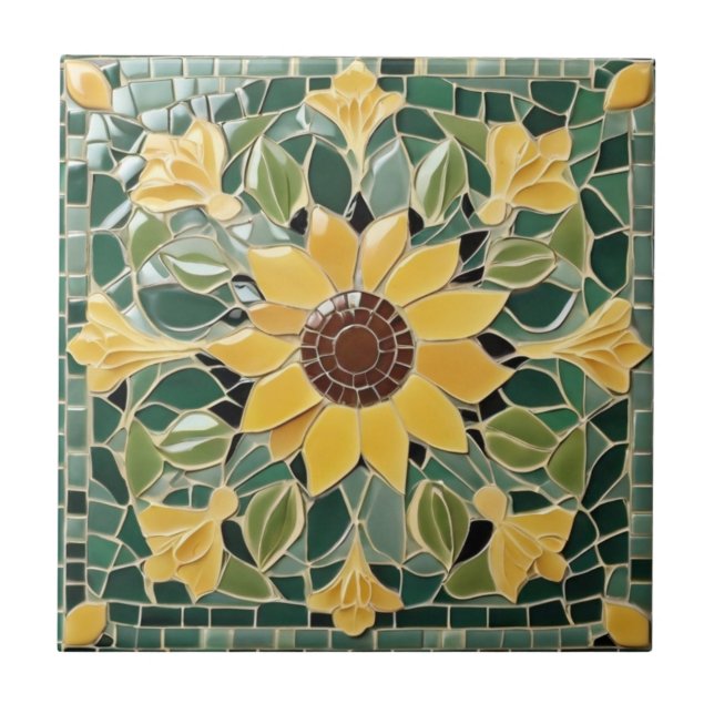 Yellow Sunflower Faux Mosaic on Green Ceramic Tile (Front)