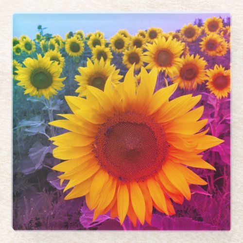 Yellow Sunflower Field Colorful Glass Coaster