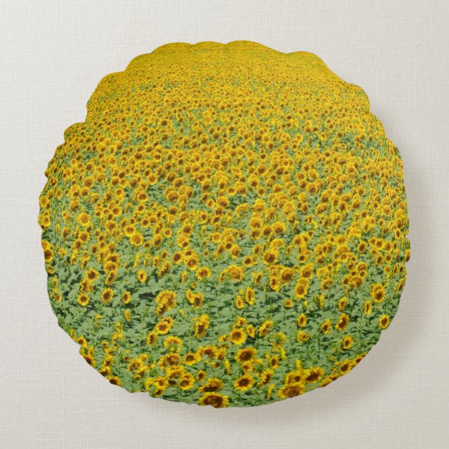 Yellow Sunflower Field Round Pillow (Front)