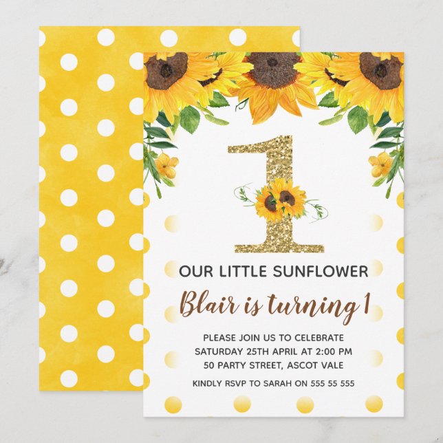 Yellow Sunflower First Birthday Invitation Girl (Front/Back)