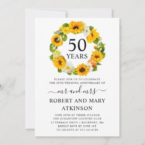 Yellow Sunflower Floral 50th Wedding Anniversary Invitation