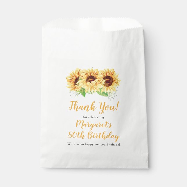 Yellow Sunflower Floral 80th Birthday Thank You Favor Bag (Front)