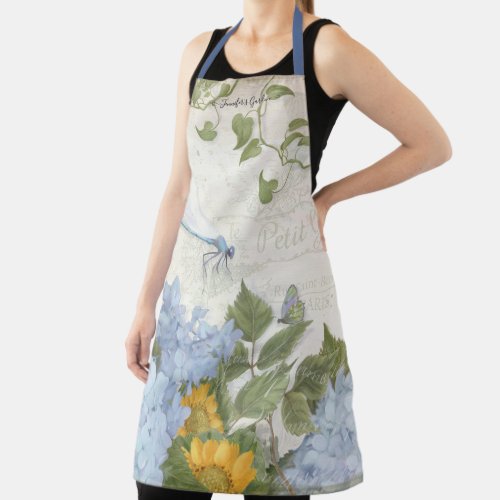 Yellow Sunflower Floral Blue Hydrangea w Dragonfly Apron