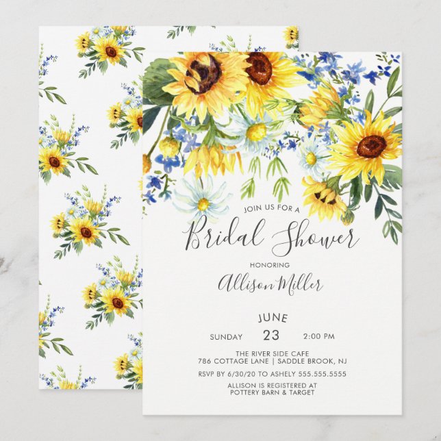 Yellow Sunflower Floral Bridal Shower Invitation (Front/Back)